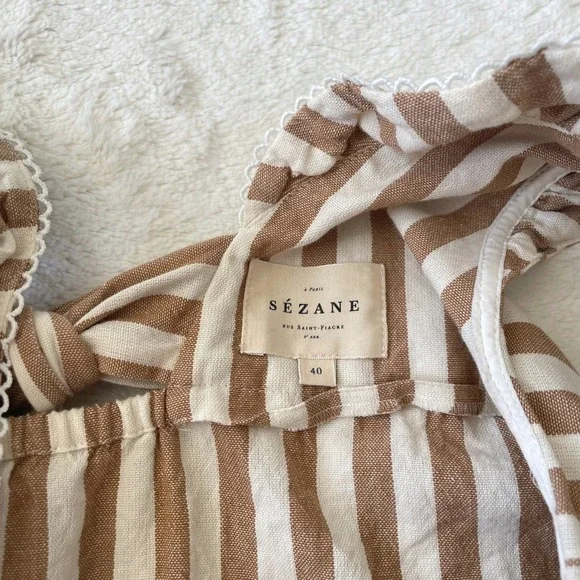 Sezane Meredith Striped Ruffle Camel Cream Bow Tank Blouse Size 40 FR / 8 US - Picture 4 of 8